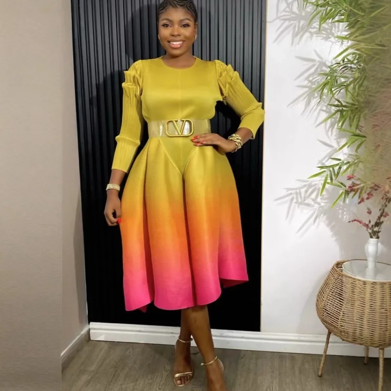 Miyake New Pleated Fashion Round Neck Lantern Sleeve Waist Slim Gradient Color Women's Dresses African Prom Stretch Long Dresses