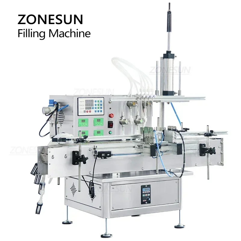 เครื่องบรรจุขวดแบบตั้งโต๊ะอัตโนมัติ ZONESUN ZS-DTMP4AL หัวฉีดสี่หัว สำหรับบรรจุสบู่เหลว น้ำมันหอมระเหย เครื่องดื่ม และน้ำผลไม้