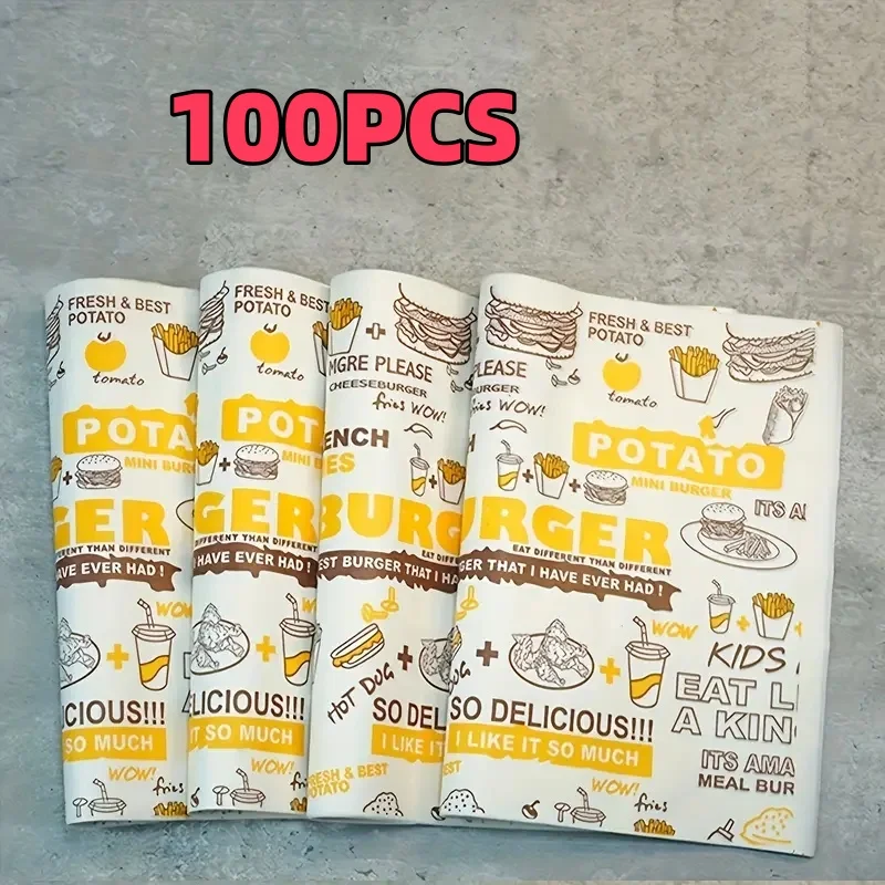 100 Pieces of Disposable Hamburger Paper, Cake Wrapping Paper, Oil-Resistant Coated Food Wax Paper, Sandwich Wrapping Paper, Large Size for Commercial Use