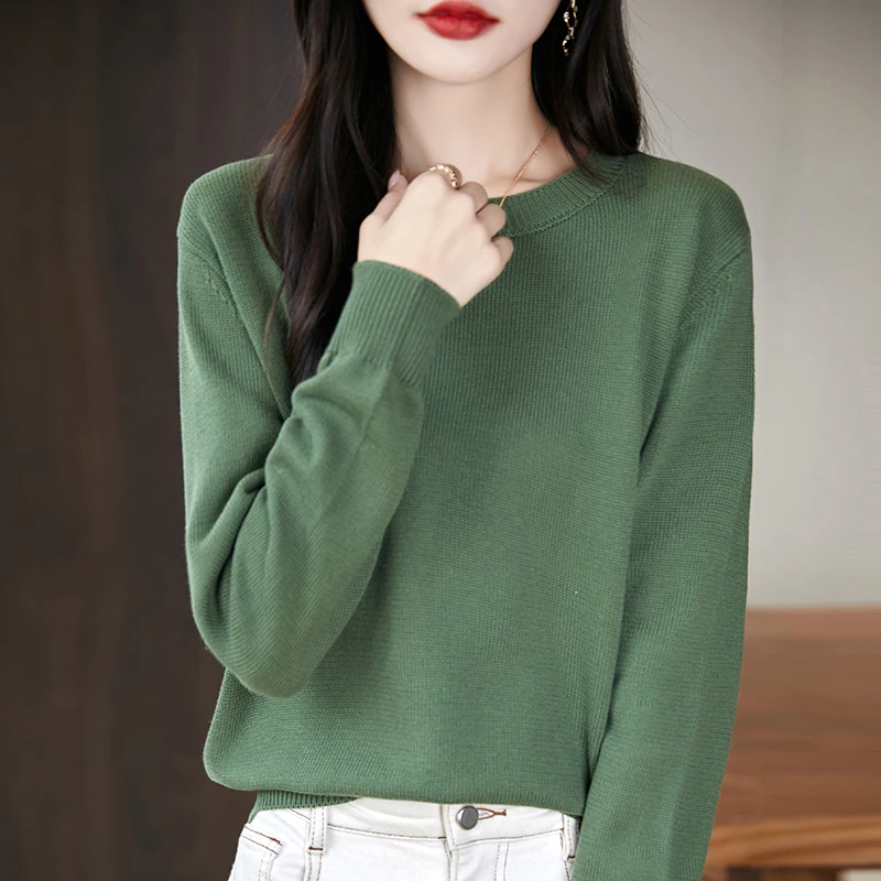 LDZWSM Women's High-quality Cotton Knitted Sweater Temperament Round Neck Top Breathable And Versatile Pullover Long Sleeved