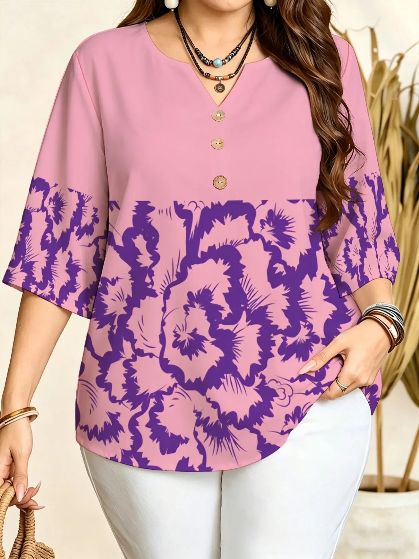 5 Styles Full Peony Rose Tribal Geometric Dot Patchwork Floral Print Blouses Notch V Neck 3/4 Sleeve Soft Loose Shirts