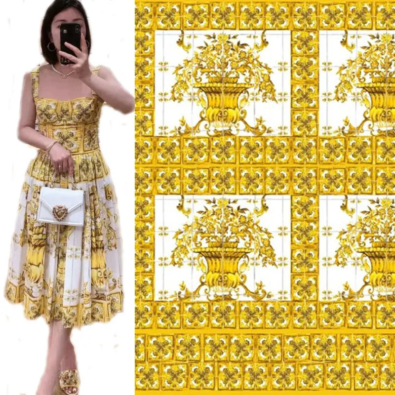 European And American Fashion Yellow Color Vase Printed Poplin Cotton Fabric For Women’s Dress Blouse Handmade DIY Clth Sewing