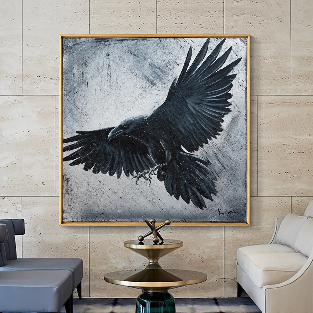 

Gothic Black Raven Flying Painting Canvas Print Wall Art Poster Mystical Bird Creature Picture Living BedRoom Home Decor Cuadros