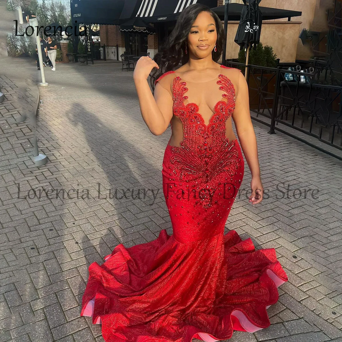 

Sparkly 2024 Red Diamonds Mermaid Prom Dresses For Black Girls Rhinestones Evening Party Gowns Formal Crystal robes de soirée