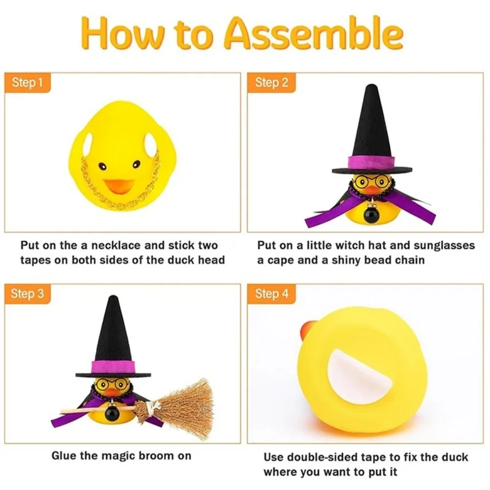Wholesale Halloween Witch Rubber Duck Car Dashboard Ornament DIY Manual Assembly Decor with Witch Hat Broom Mini Duck Figurines