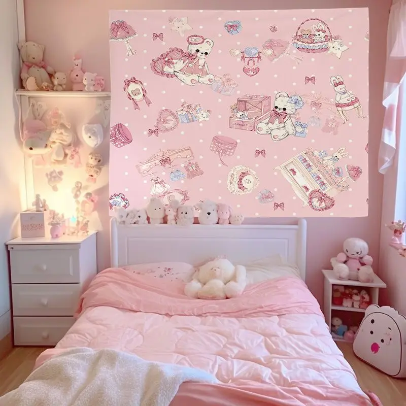 VIKAMA Pink Car Bear Tapestry, Sweet Bow Cartoon Cute Bear Aesthetic Wall Hanging for Bedroom Living Room Dorm Decor