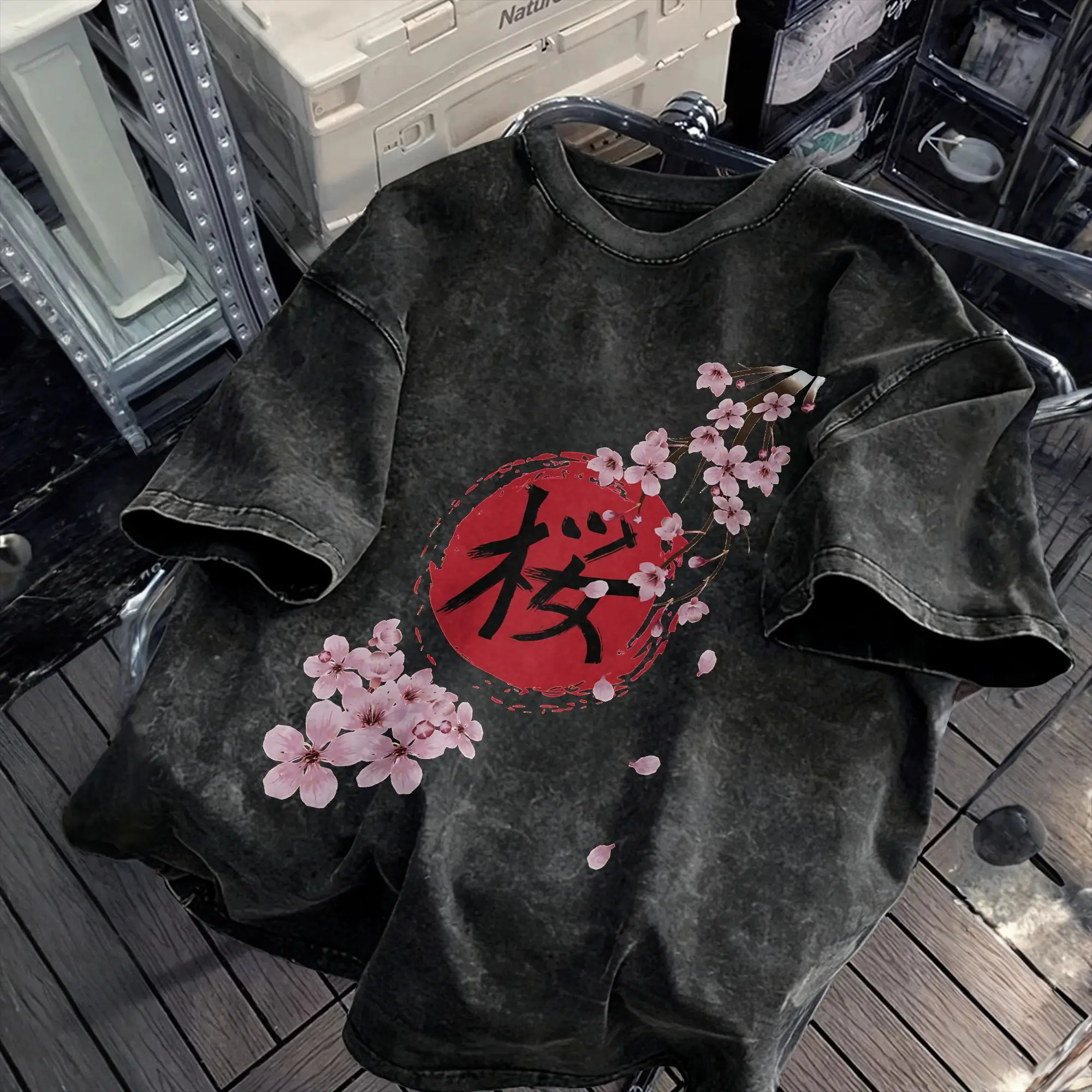 Blooming Sakura and red Sun Washed T-Shirt Male  Y2K Funny Cotton T Shirts Summer Harajuku Tee Shirt Custom DIY Big Size Tops