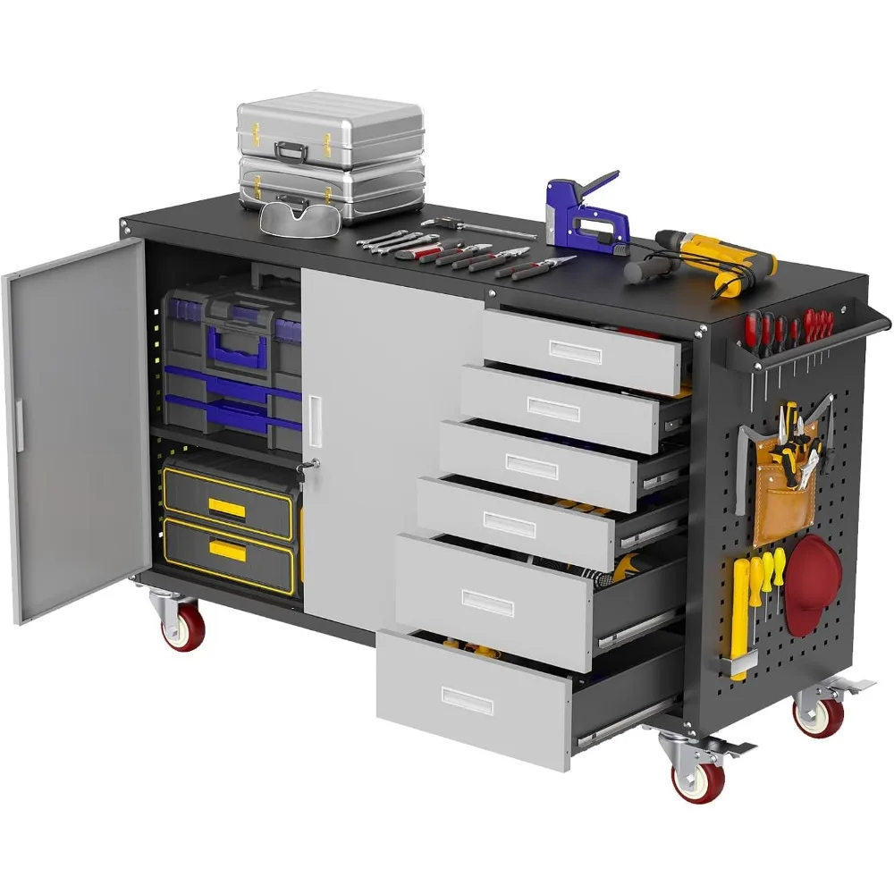 

W Rolling Workbench with 6 Drawers and Storage Cabinet, 1000 LB Capacity Heavy Duty Work Bench with Pegboard and Adjustable Sh