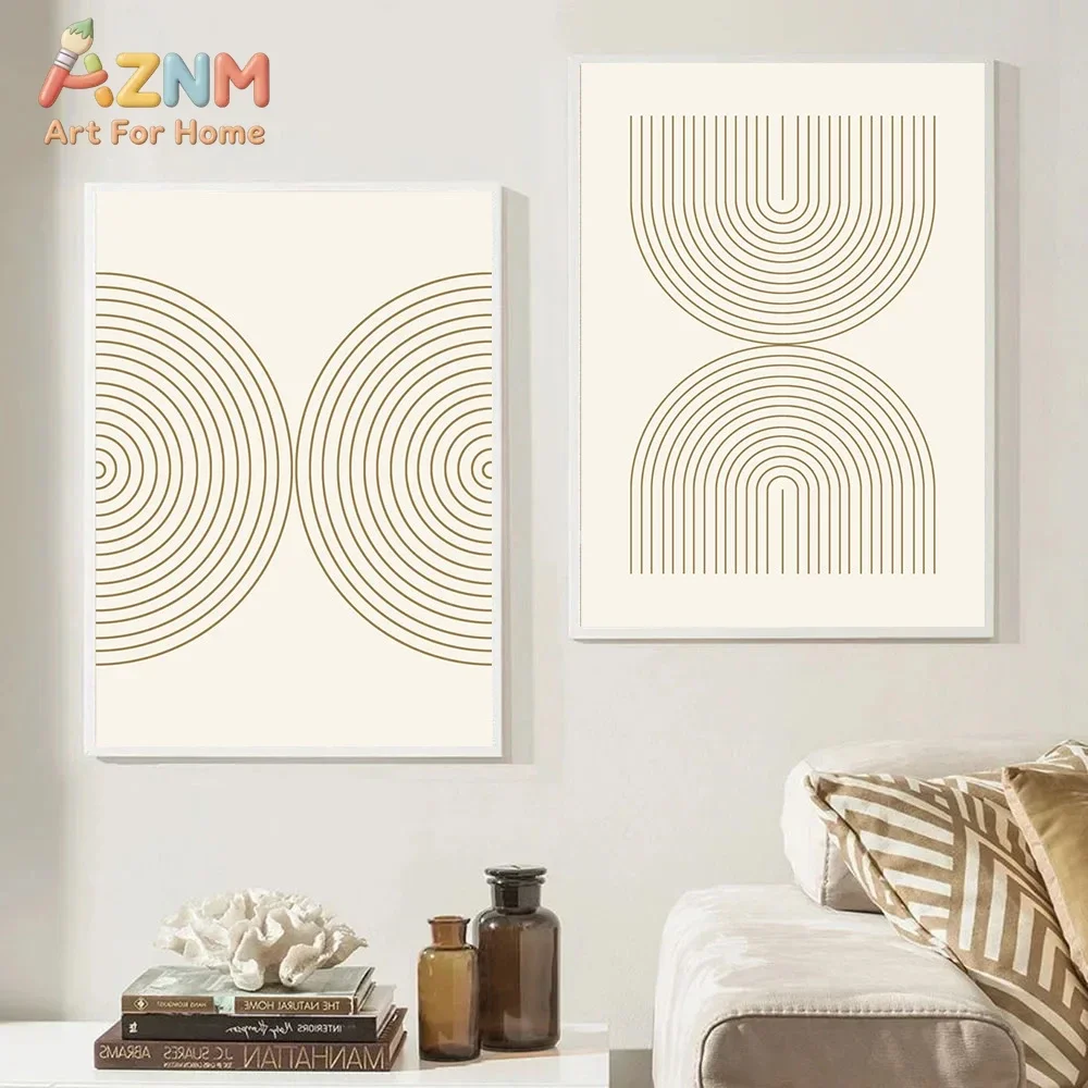 AZNM Boho Abstract Line Rainbow Canvas Wall Art 2D Flat Frameless Print Neutral Beige Geometric Minimalist Living Room Decor Pos