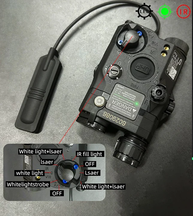 Taktisches Airsoft UHP PEQ-15 LA5C Rotpunkt- und Grünlaser-Indikator IR Scout LED-Licht Kompatibel mit 20MM-Schiene für AR15 – Detail 5