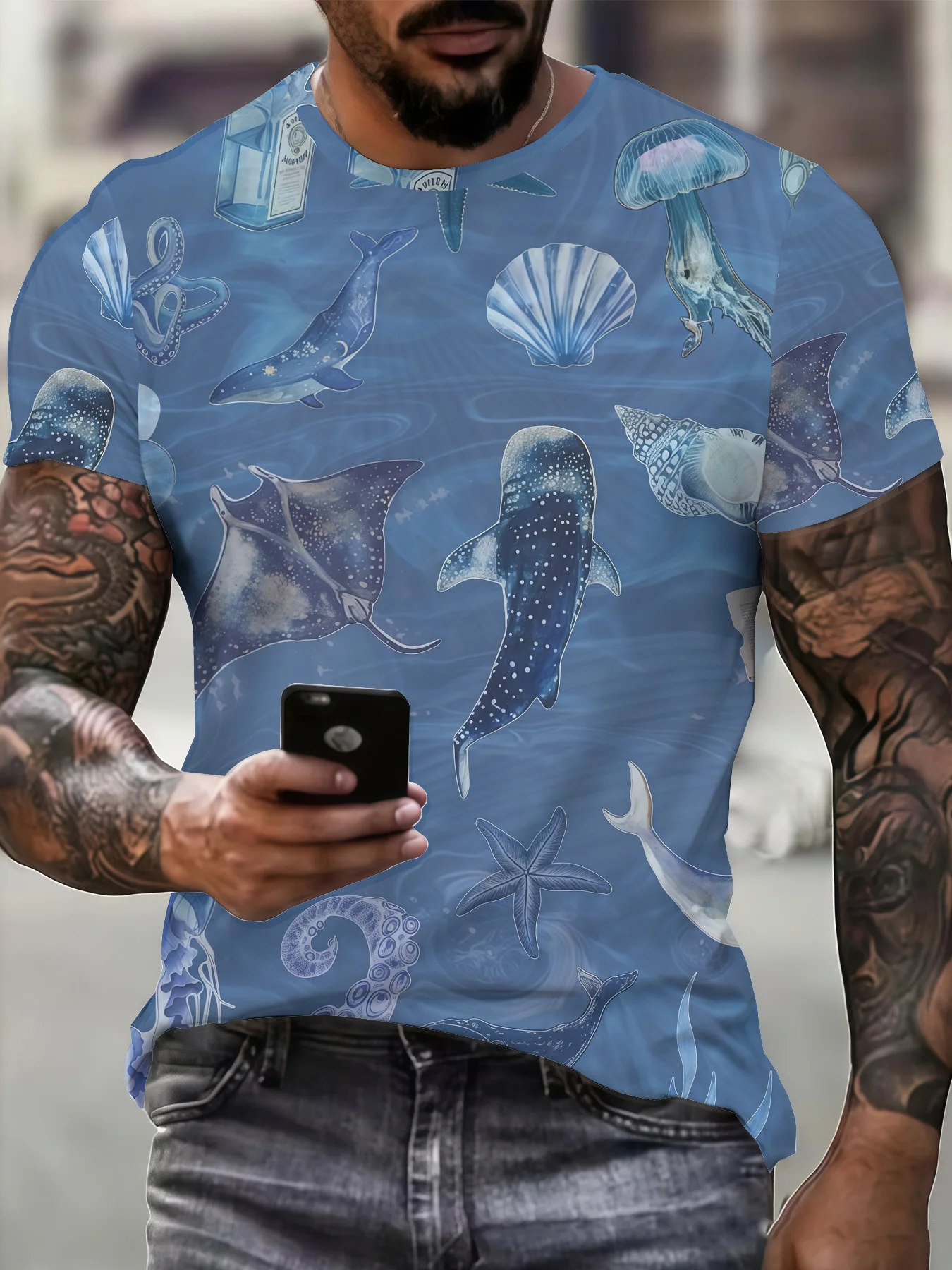 Men Blue Ocean Crew Neck Tee, 3D Sea Creature Print Whale Shark Manta Ray Jellyfish For Summer Beach Daily Casual Wear