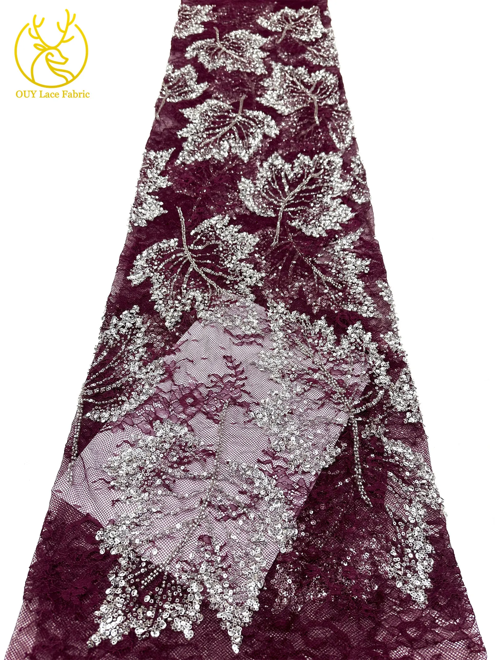 Weinroter afrikanischer bestickter Perlen-Spitzenstoff, 5 Yards, französisches Blattmuster, Pailletten-Tüll-Spitzenstoff für Hochzeits- und Partykleider – Detail 23
