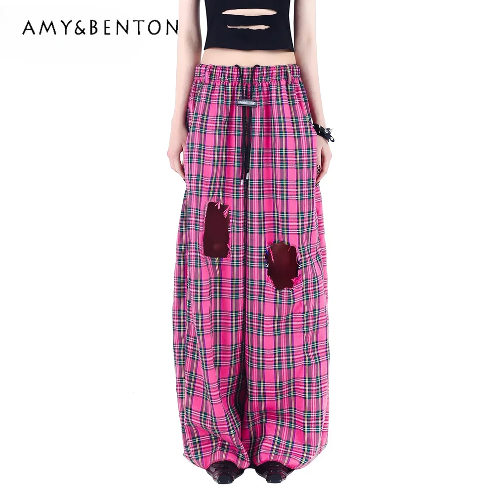 Korean Style Pink Plaid Ripped Hip Hop Loose Super Wide Leg Pants Plaid Mop Pants Punk Rock Trousers Streetwear Women's Clothing