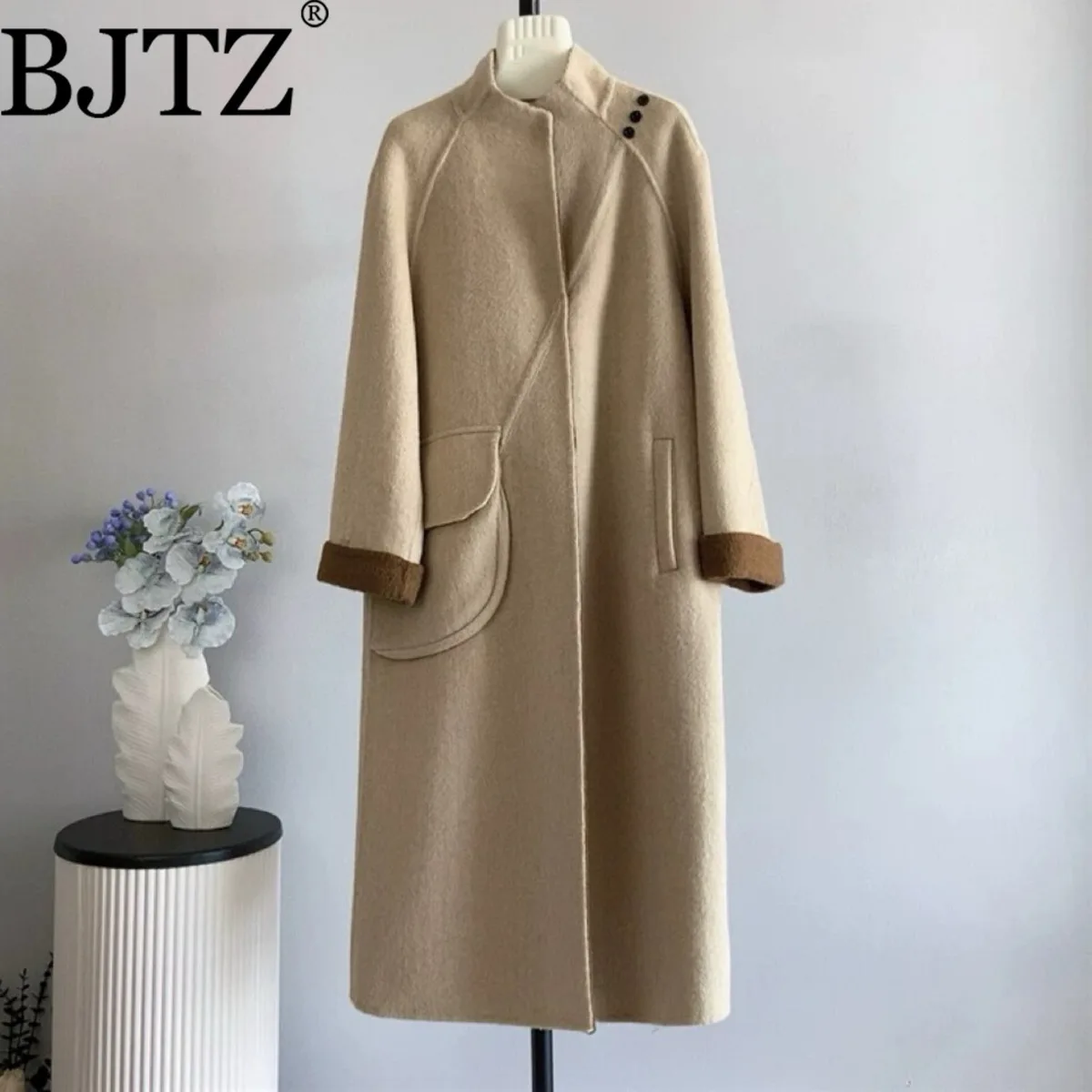 

BJTZ Autumn Double-Sided Wool Oversized Coat Women’s V-Neck Belted Casual Elegant Luxury Designer Minimalist Premium Jacket