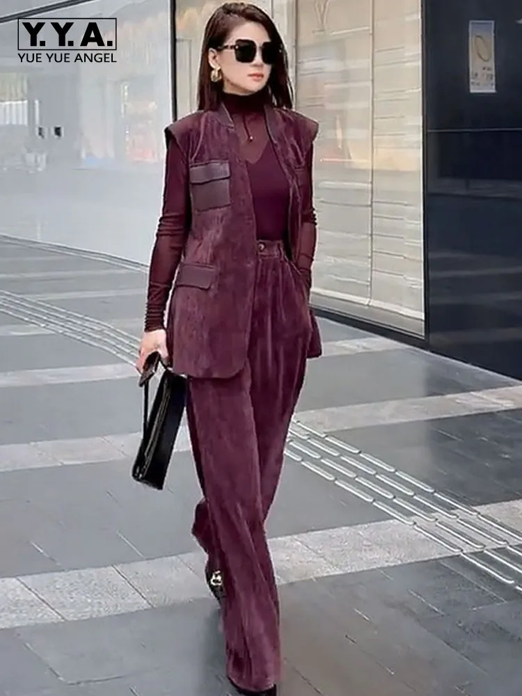 Fashion Women Wine Red Vest 3 Piece-Set Retro Casual V-neck Sleeveless Jacket Sets Full Length Wide Leg Pants Outfits Hot Sale