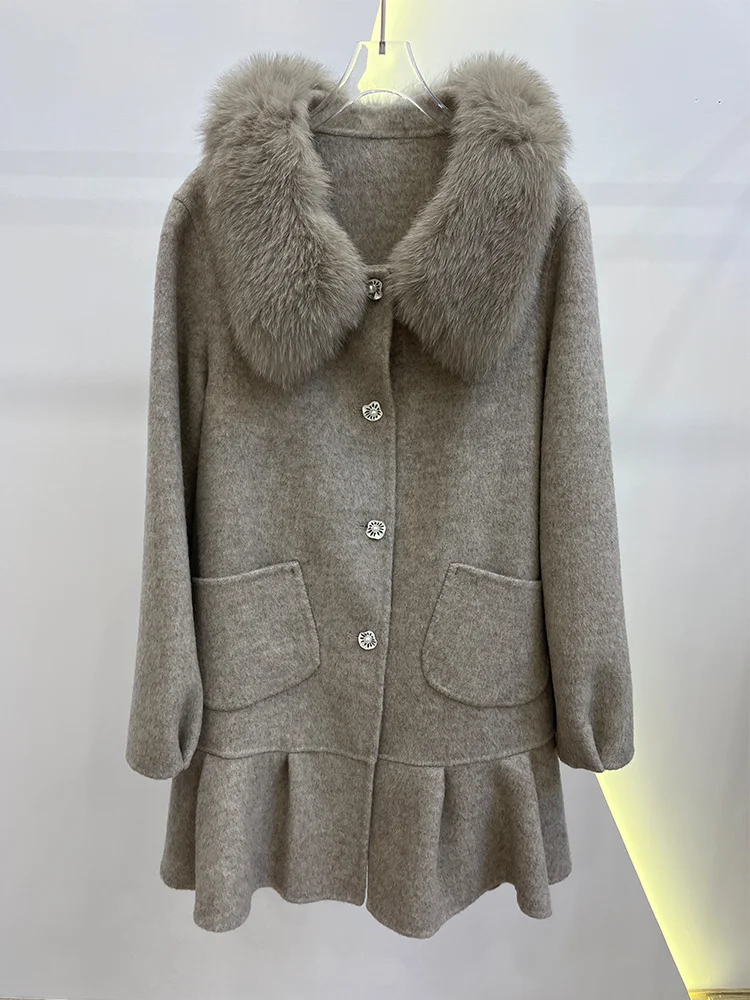 2025 Fashion Women Cashmere Wool Woolen Coat Winter Jacket Natural Real Fox Fur Collar Ladies Outerwear Streetwear