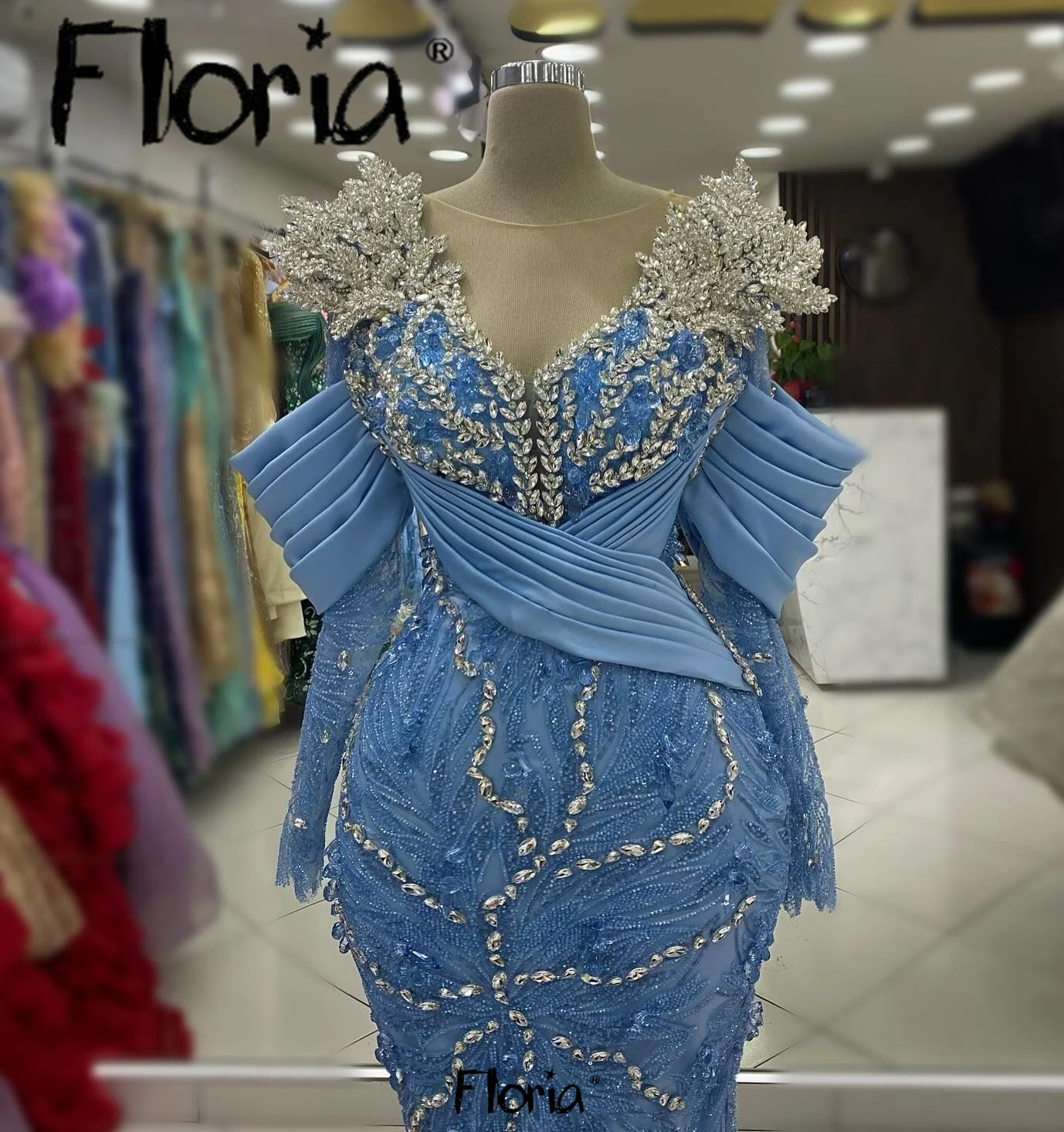 

Floria V Neck Long Sleeve Blue Evening Dresses Floor Length Crystals Stones Sparkly Wedding Party Gowns Bespoke Occasion Dresses