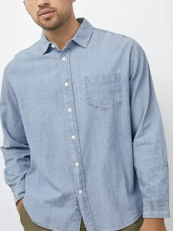 

Classic American Retro Light Blue Men's Denim Shirt with Pocket Long Sleeve Open Cardigan Casual Workwear Shirt Breathable