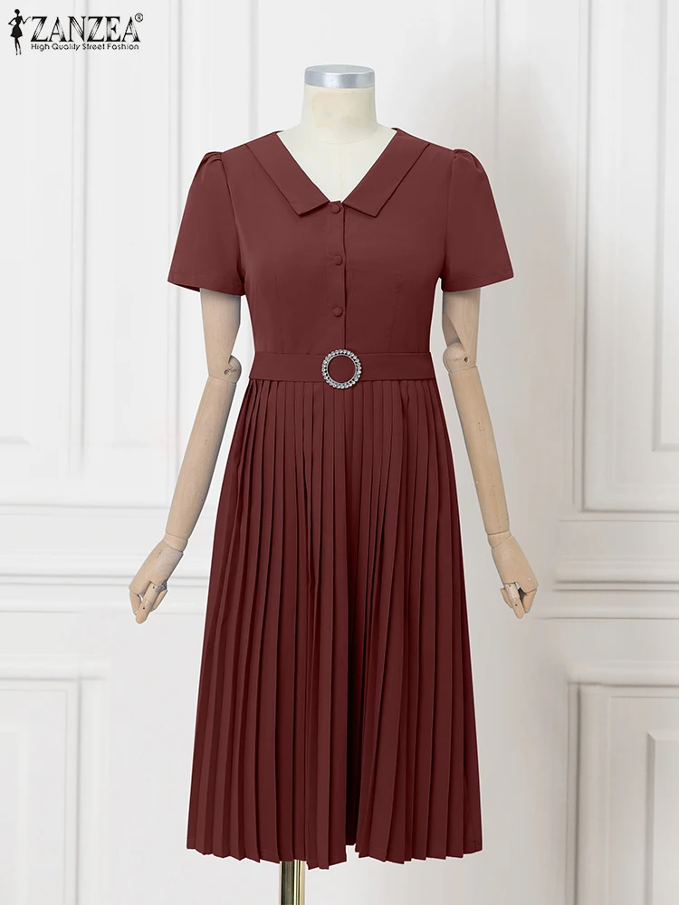ZANZEA Sommer Elegante Frauen Party OL Kleider 2025, Kurzarm Casual Solide Plissee Mode Robe Midi Büro Dame Arbeit Vestidos