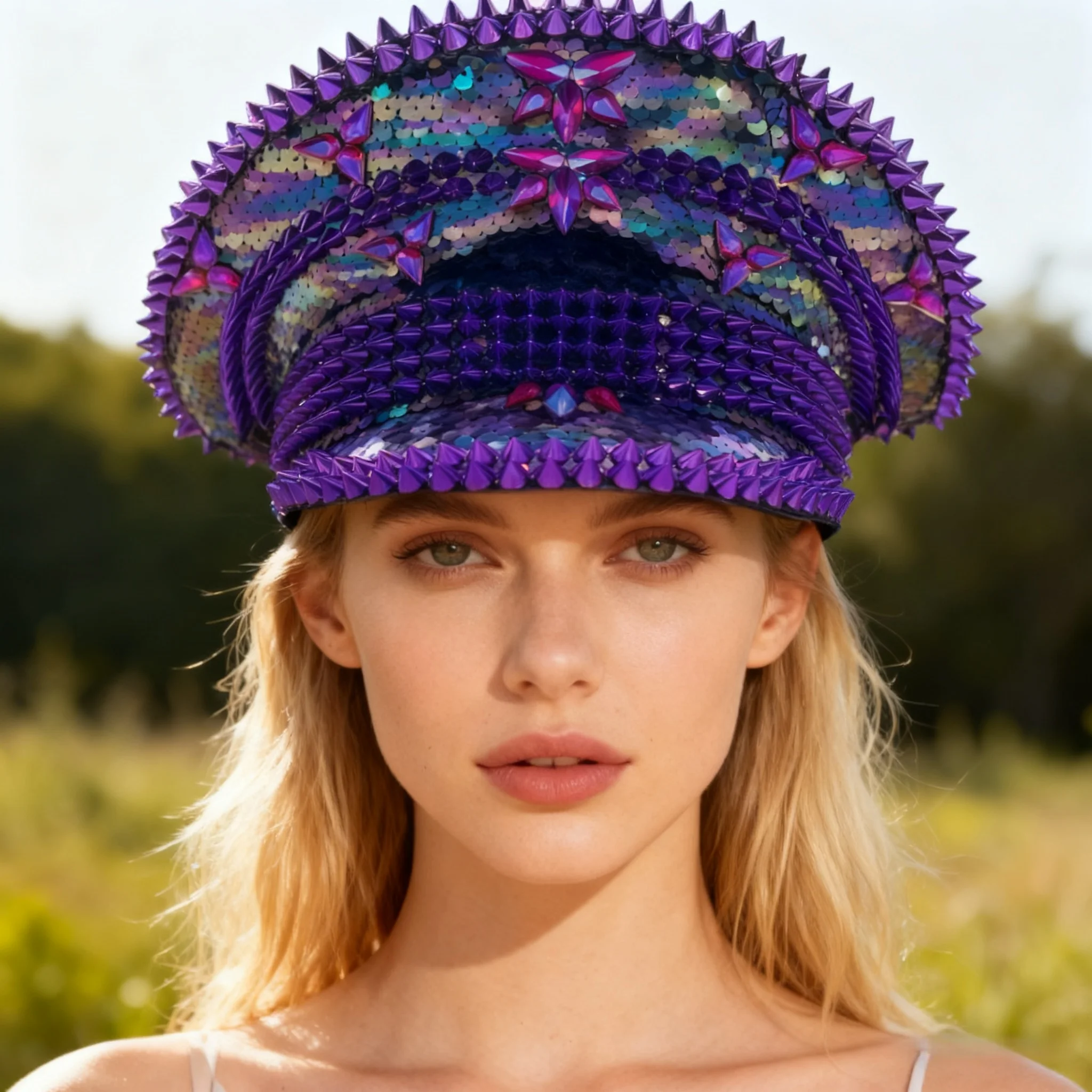 

HongLuan Yellow Laser Leather Loop Captain Hat Rhinestone & Military Caps for Woman, Rave Festivals Accessories ＆ Party Cap Man