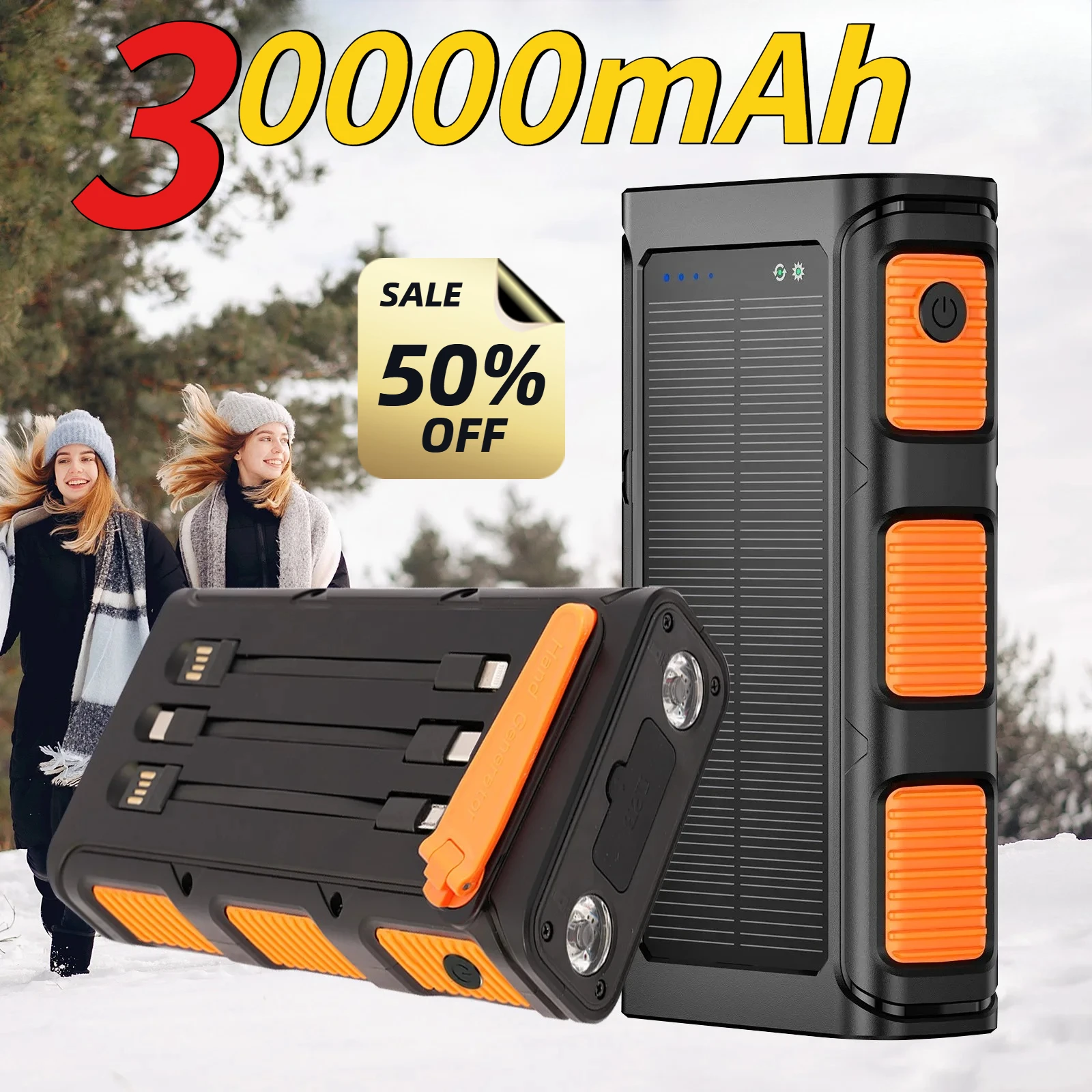 

30000mAh Hand Crank Solar Power Bank with Cable Camping Light PD 20W Fast Charging Powerbank for IPhone Xiaomi Samsung Poverbank