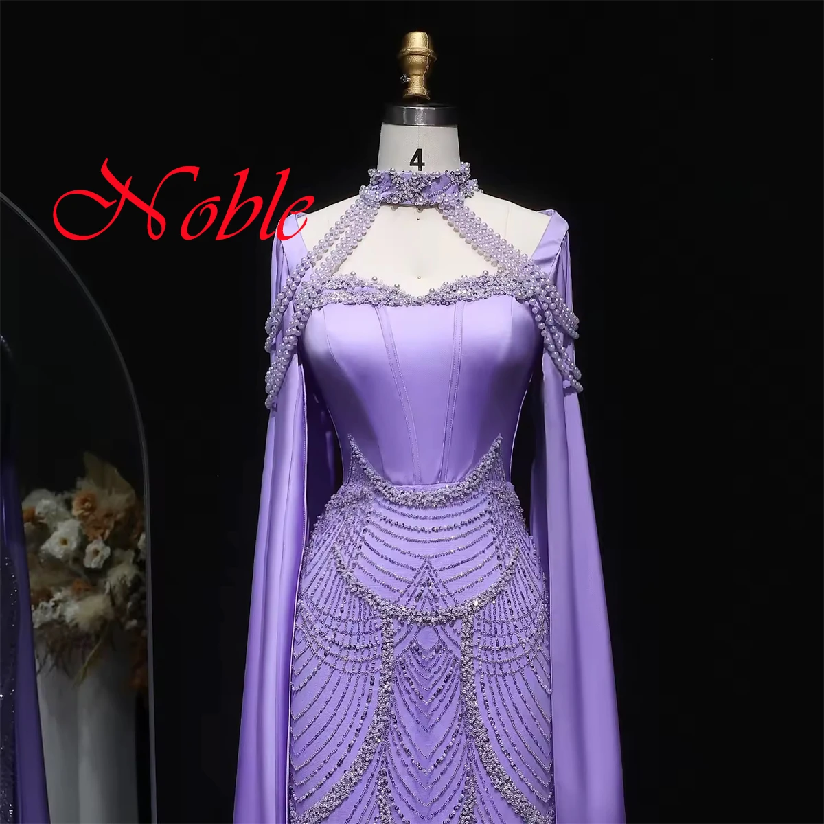 Customized Simple Light Purple Satin Evening Dress Exquisite High Neckline Long Sleeves Zipper Back Pearls Beading Party Dress