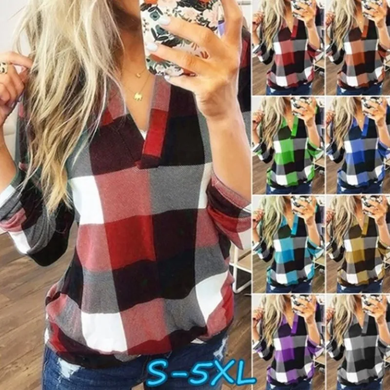 T shirt women 2026 fashion New spring autumn checkered prints V-neck long-sleeved tops T-shirts tshirt women's clothing