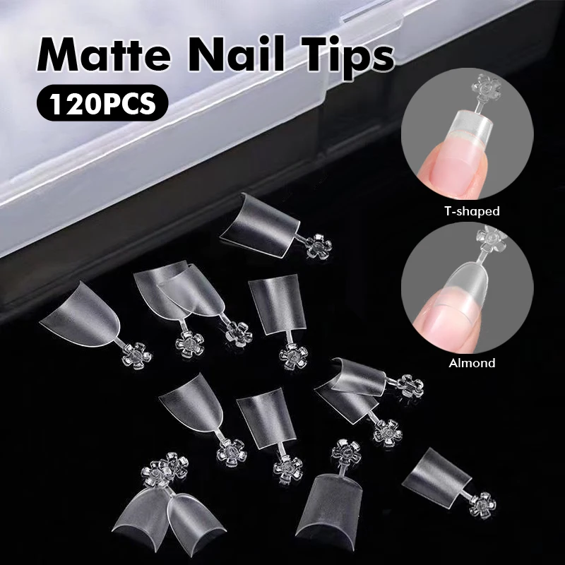 120Pcs Half Cover Soft Gel False Nail Tips Pre-filed Short Almond Coffin Press on Nails For Extention T-shaped Fake Nails Manicu