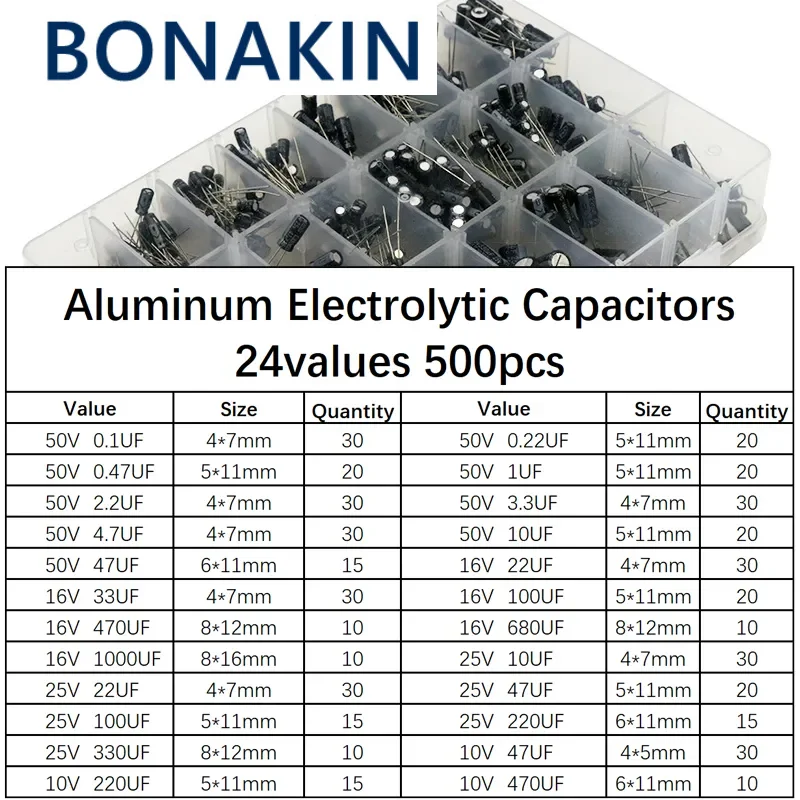 Capacitores eletrolíticos de alumínio com caixa de armazenamento, kit sortido, 0,1 UF-1000UF, 24 valores, 16-50V, 500pcs por lote