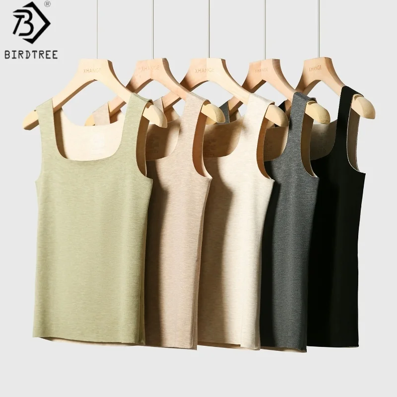 

Birdtree,Silk Cashmere Blended Basics Undershirt,Women Sleeveless Traceless Vest,2025 Autumn/Winter Bottoming Vests T5O724JF