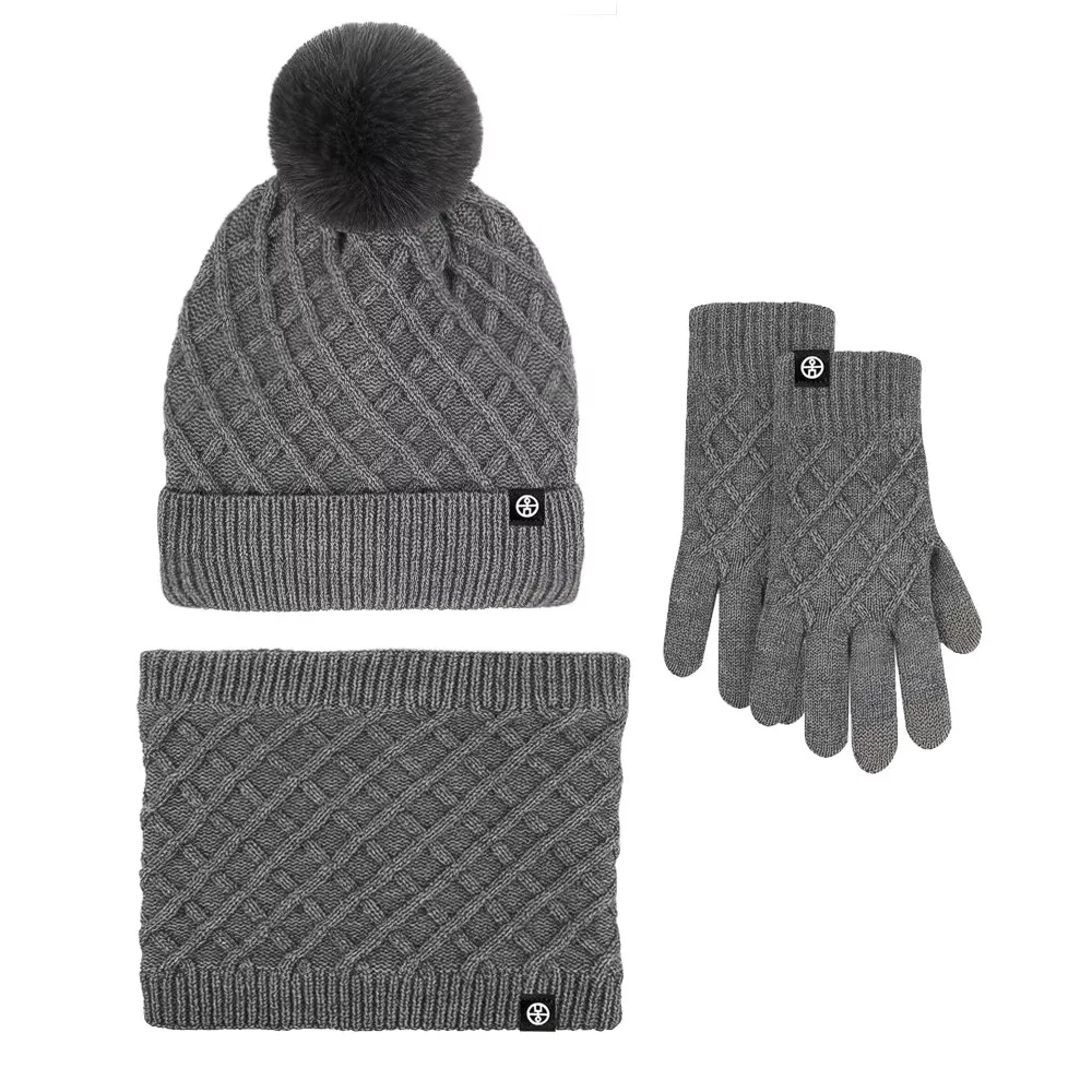 Winter Hat Snood Glove Set for Women Fur Pompom Cute Beanies Thick Double Layer Fleeced Winter Hat Sets Female