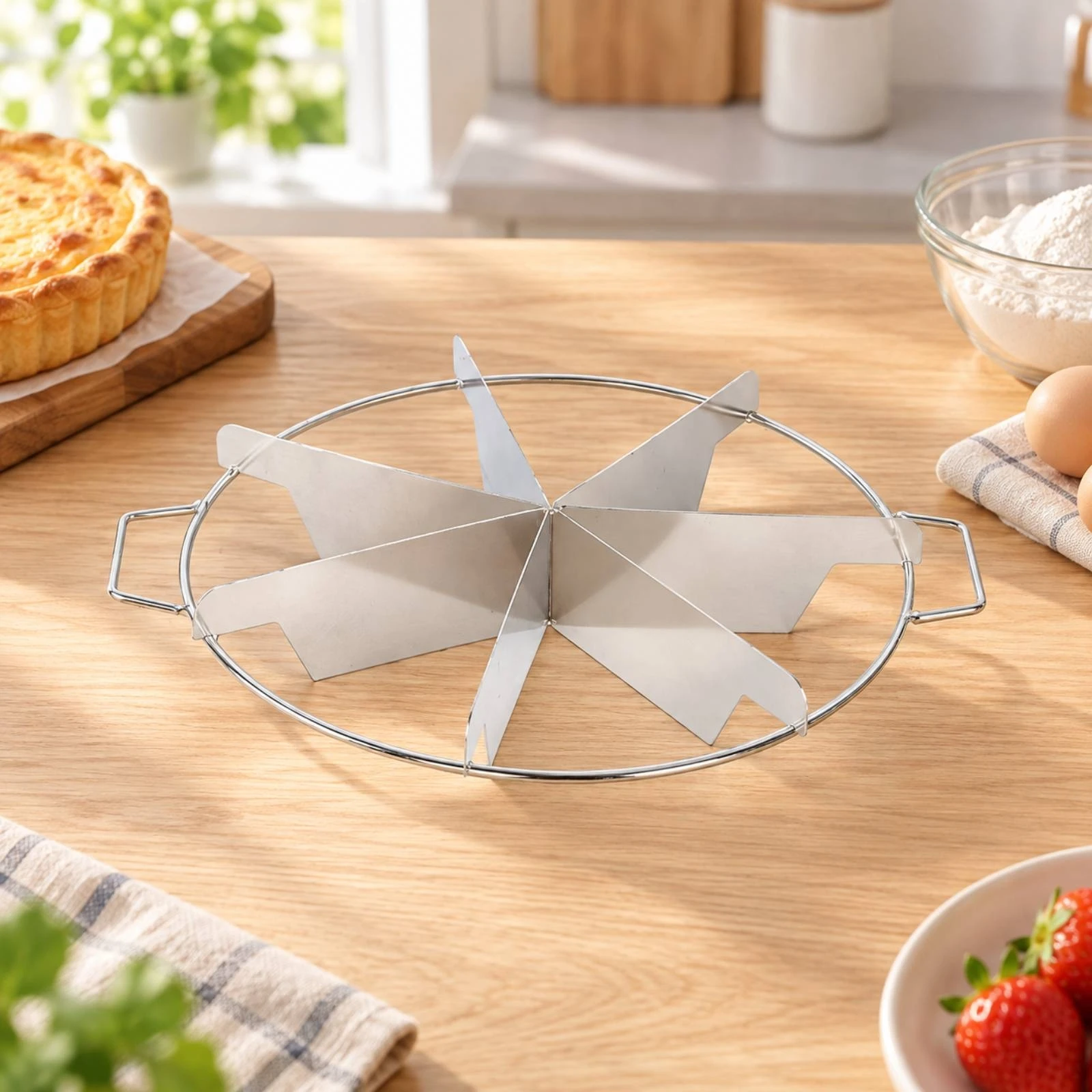 Stainless Steel Cake and Pie Cutter Rigid Round Food Divider with Wire Handles Circular Portion Cutter with Outer Frame Polished
