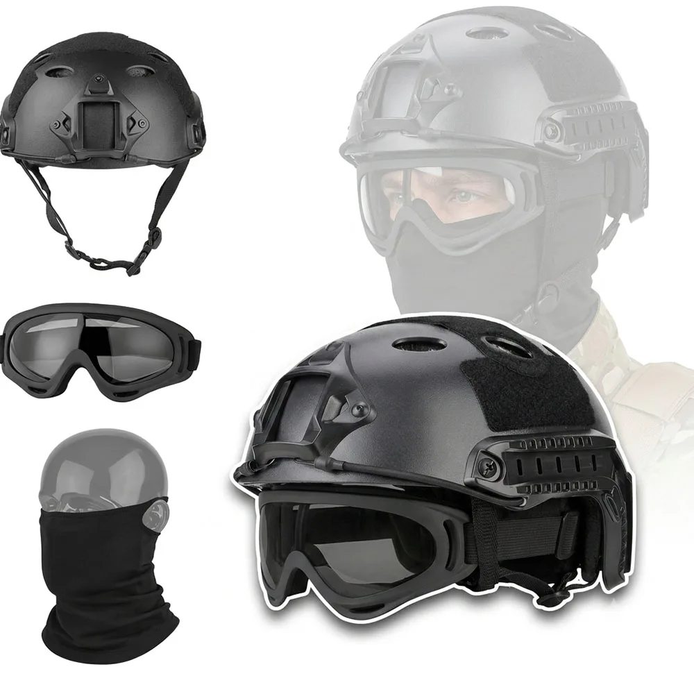 Tactical Airsoft Helmet Set with Face Mask Goggles Adjustable Protective Headgear for Paintball Hunting CS Games Cosplay