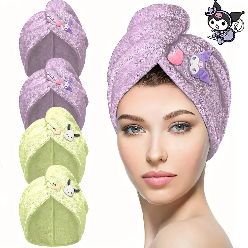 4pcs/Set Miniso Sanrio Kuromi Shower Ultra Soft Quick Dry Hair Towel Wrap Super Absorbent Shower Cap Perfect Bathroom Accessory