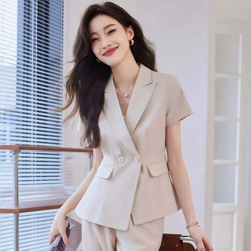 Women Fashion Office Wear Short Sleeve Blazer Or Pants Or 2pcs Chic Classic Vintage Elegant All-match Clothing Summer