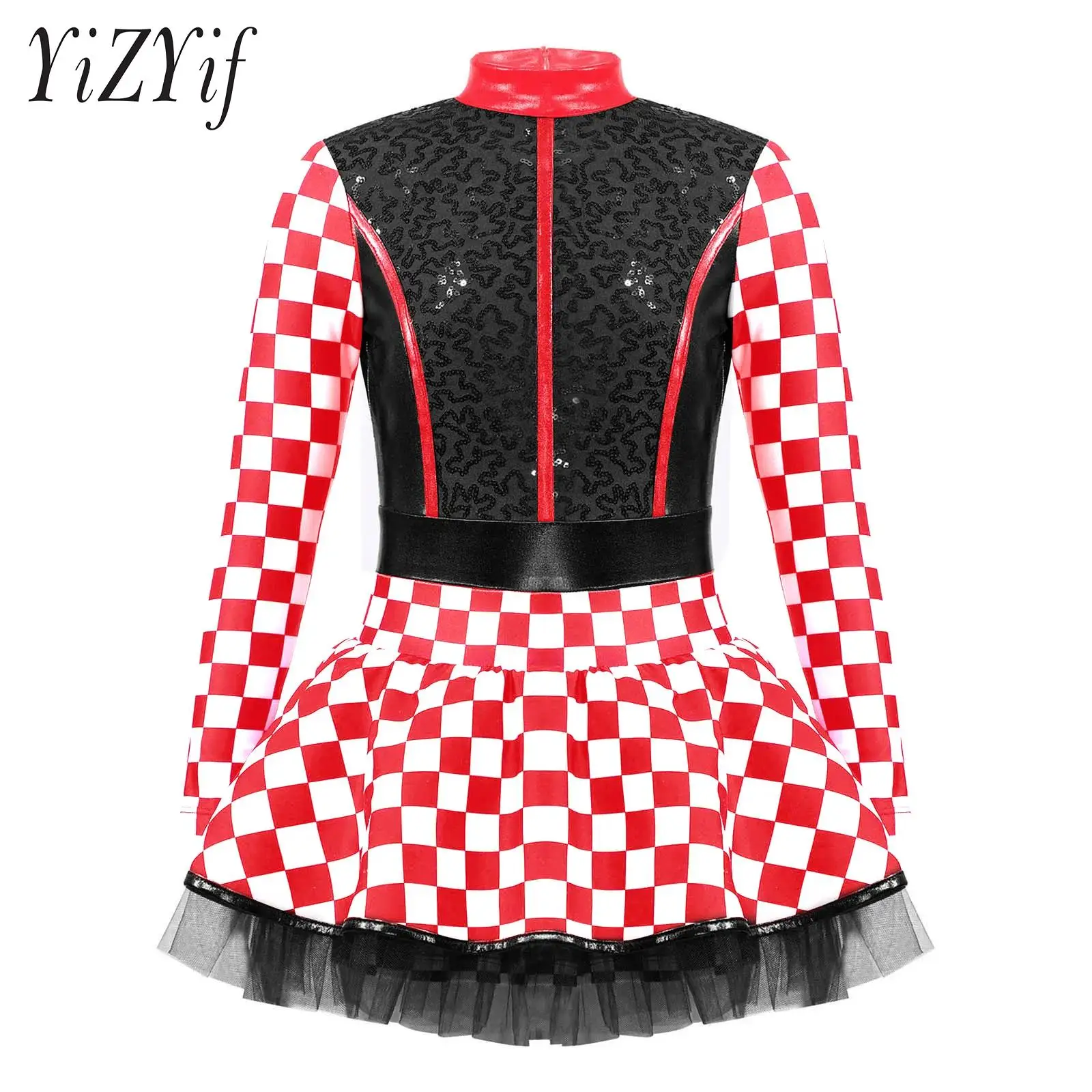 Kid Girls Racer Racing Driver Costume Checkerboard Print Sequin PU Mesh Patchwork Jumpsuit Halloween Cosplay Party Costume