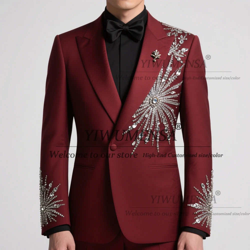 

Luxury Jewelry Beaded Suits Men Slim Fit Double Breated Groom Blazers Customized 2 Pieces Sets Wedding Tuxedos terno masculino