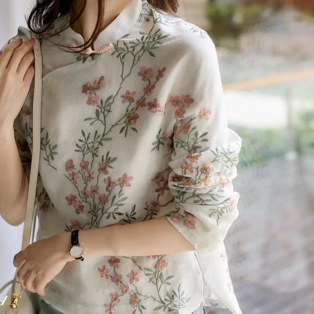 

Women Top Lightweight Women Shirt Breathable Embroidery Terrific Leisure Spring Shirt