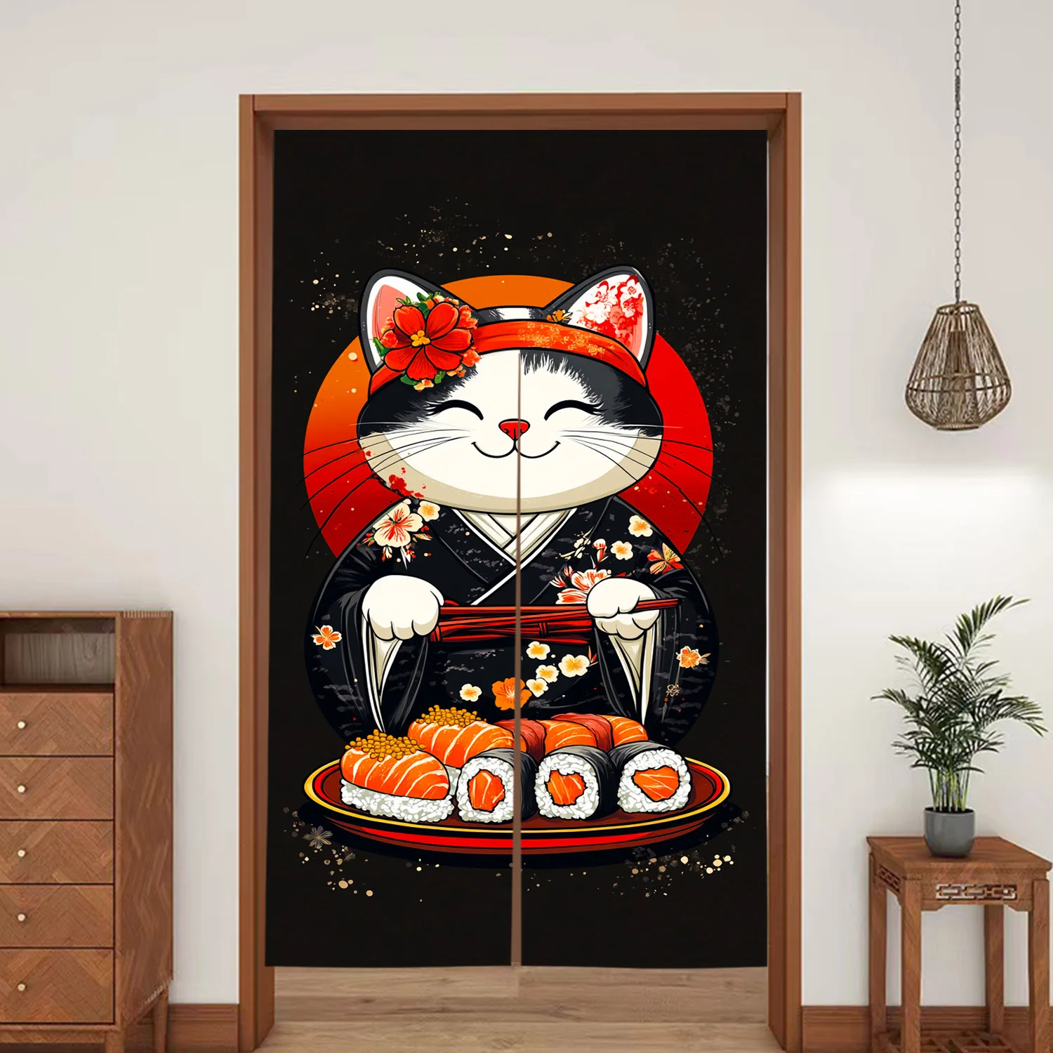 Una cortina de puesta de sol de sushi de gato de estilo japonés, adecuada para usar como partición en dormitorios, entradas, cocinas, etc.