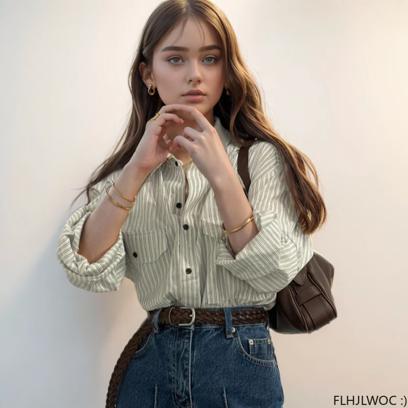 

Stripe Shirt Chic Korea 2024 FLHJLWOC Autumn Long Sleeve Casual Preppy Style Pockets Basic Retro Vintage Button Boyfriend Shirts