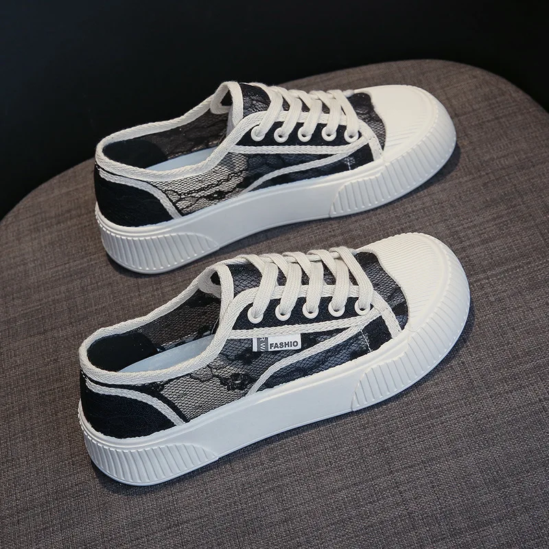 Women Shoes 2022 Fashion Summer Casual White Shoes Cutouts Lace Canvas Hollow Breathable Platform Flat Shoes Woman Sneakers