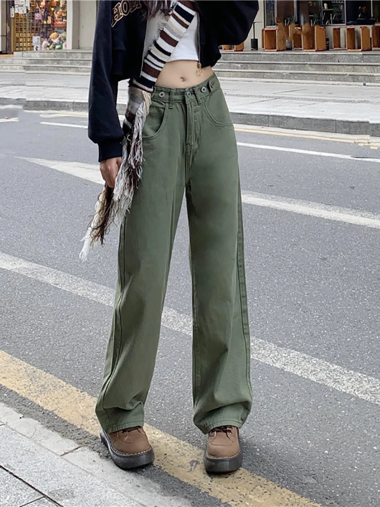 Women\'s Green Jeans Vintage Washed Multiple Pockets Wide Leg Pants Casual Street High Waist Baggy Denim Trouser Ladies Summer