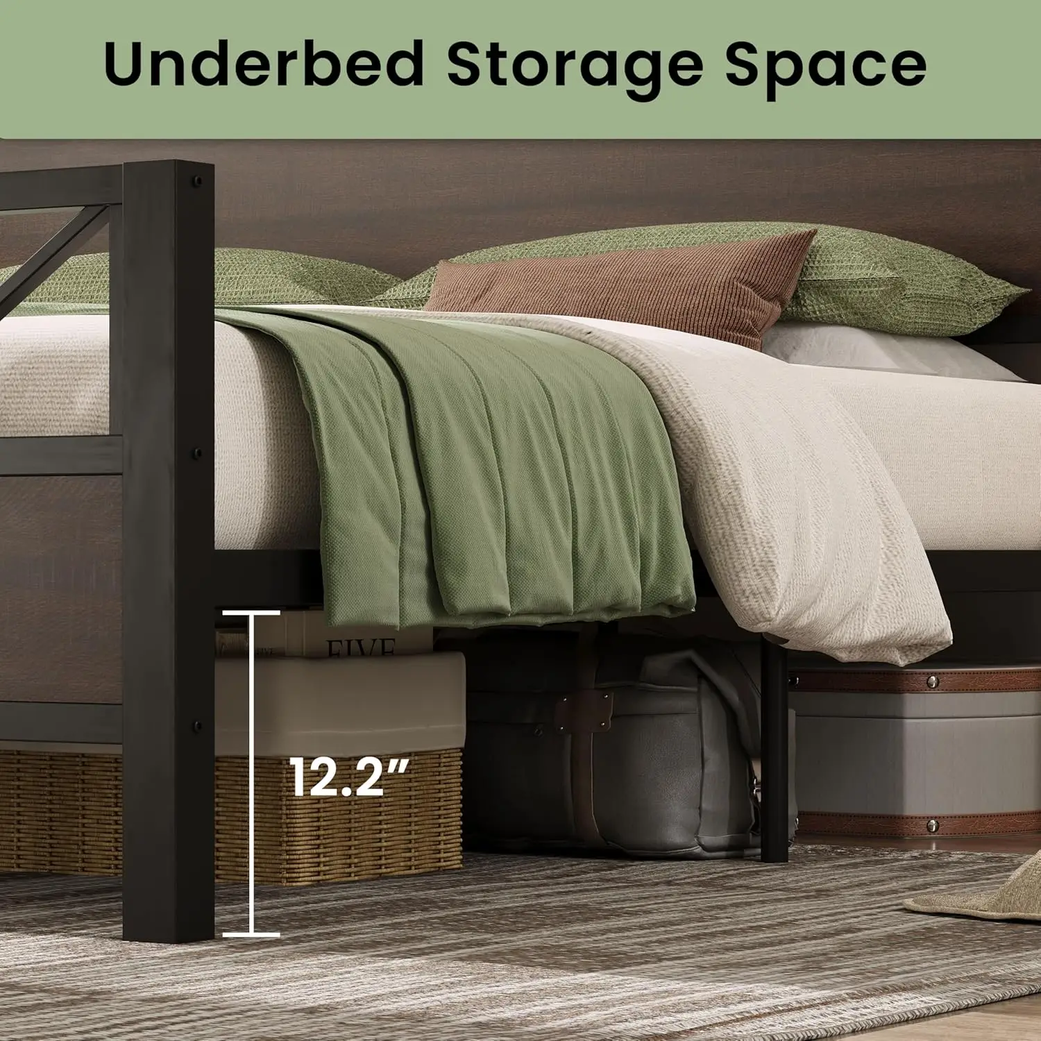 King Bed Frame, Tall Industrial Headboard 51.2 ", Platform Bed Frame with Strong Metal Support, Solid and Stable, Customized view 4