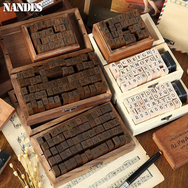 1 Set Self Inking Number Letter Stamp Diary Wedding Letter Set Pottery Seal Wood Crafts Diary Decoration DIY Handmade with box