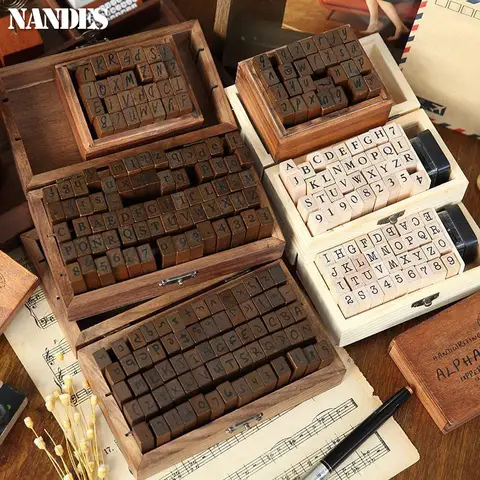 自己インクの数字と文字のスタンプセット,1セット,結婚式,陶器のシール,木製工芸品,日記の装飾,DIY,ボックス付き手作り