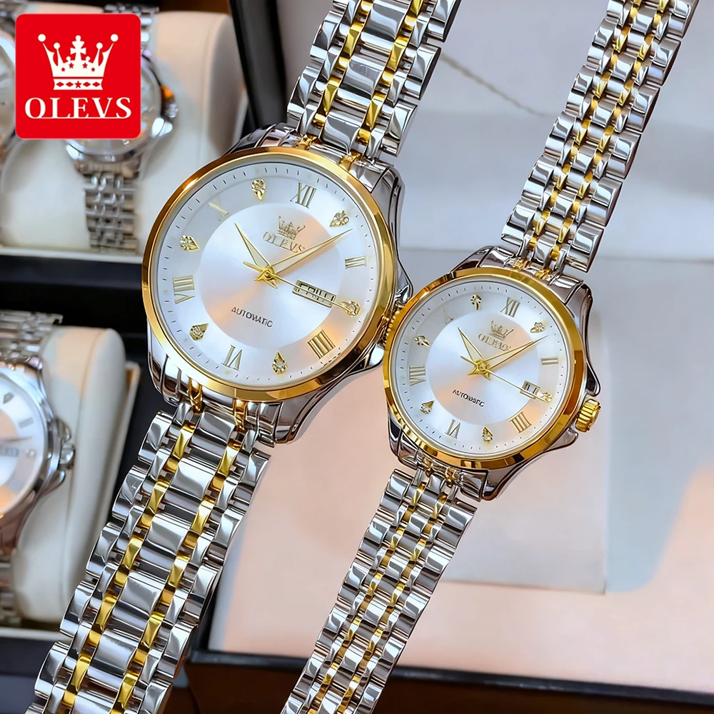 OLEVS ساعات الزوجين الفاخرة موضة الفولاذ المقاوم للصدأ العلامة التجارية الأعلى الأصلية التلقائية الميكانيكية ساعة اليد مقاوم للماء التقويم 2 قطعة #2