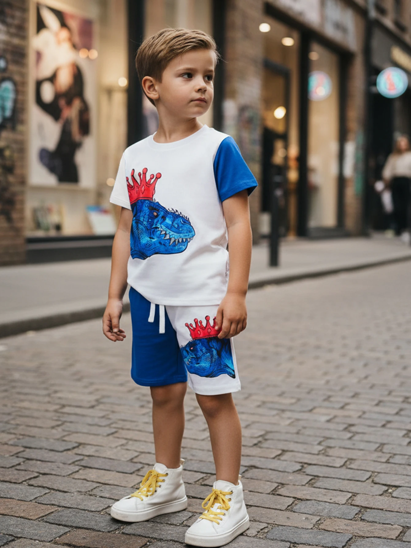 Summer Boys Clothes Set Dinosaur Print Color Block T-shirt Shorts 2Pcs 1-8 Years Toddler Kids Breathable Sporty Casual Outfit