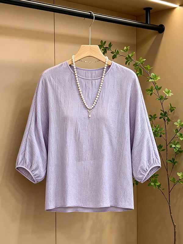 

Loose Casual Shirt Women's plus Size Lazy Style round Neck Pure Color Top Breathable Comfortable Korean Version Summer New