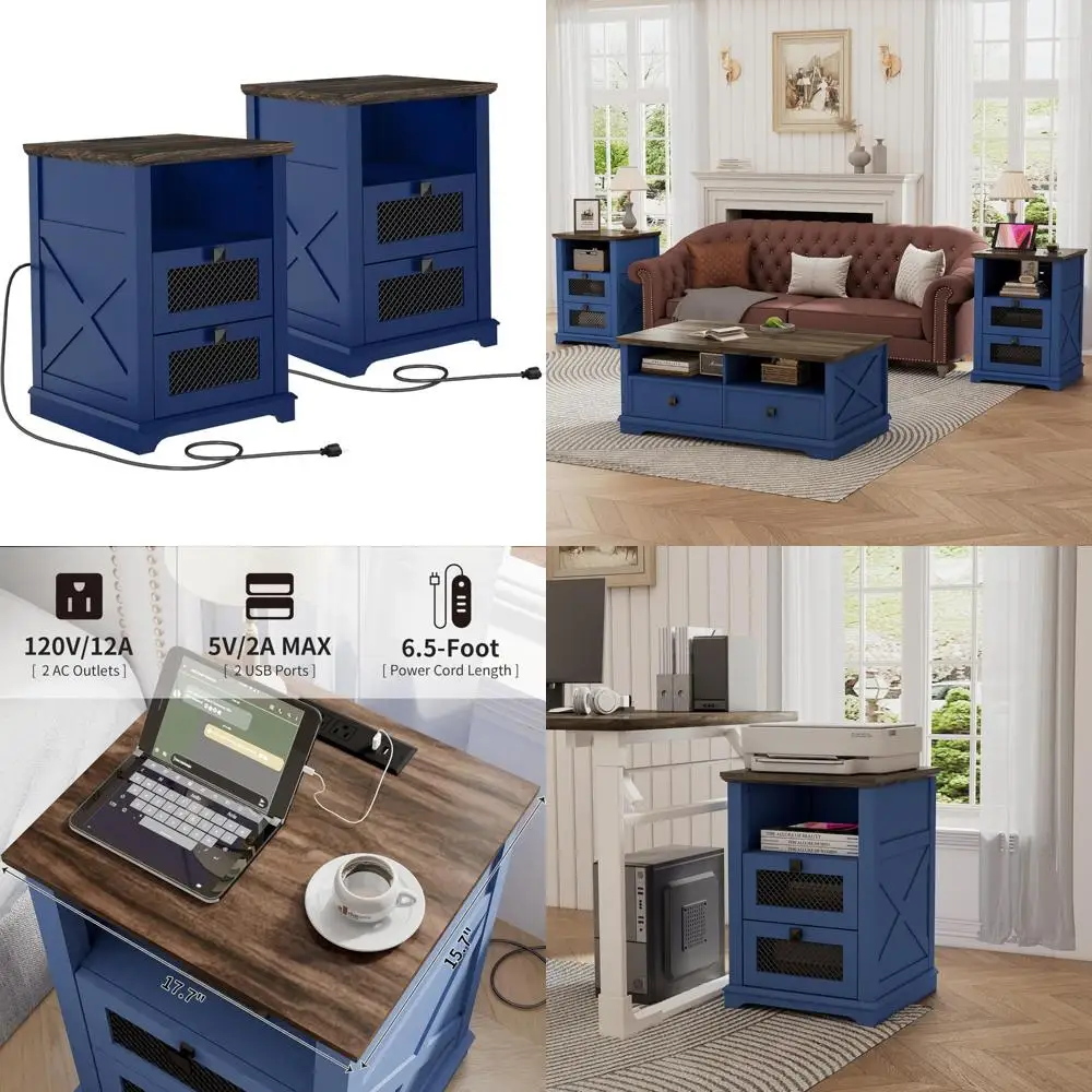 

Pair of 18 Inch Farmhouse Nightstands with Charging Station and Storage Shelf, Rustic End Table for Couch