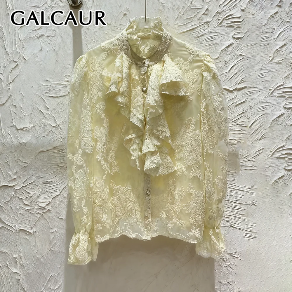

GALCAUR Solid Spliced Lace French Shirt Female Stand Collar Long Sleeve Loose Sheer Elegant Women's Shirts Summer Fashion Style